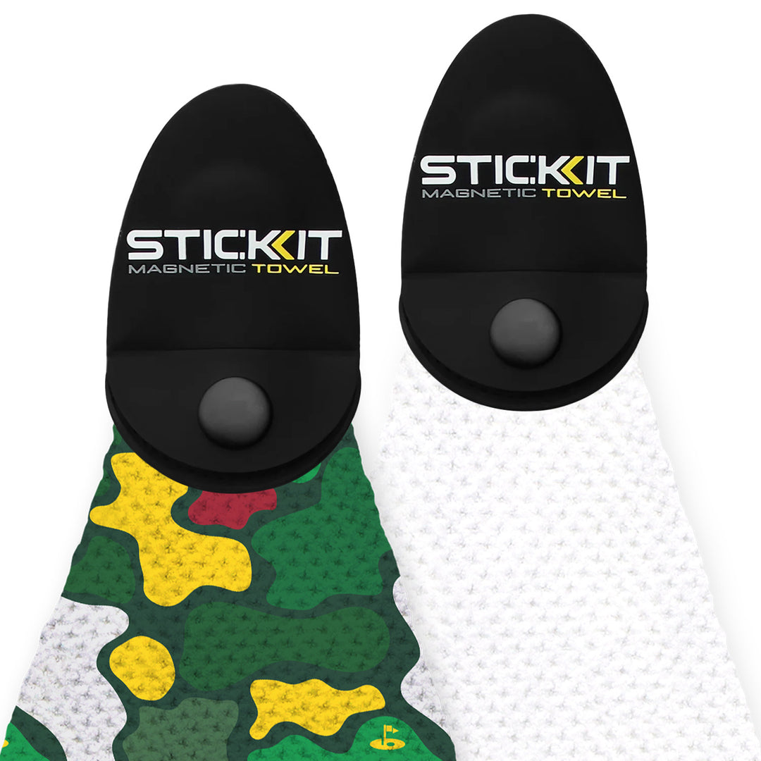 Black magnetic towel with green camo and white textured sides, perfect for outdoor activities and workouts.