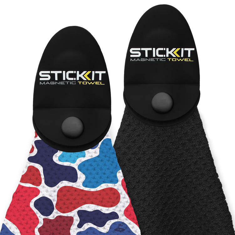 Magnetic towel set with colorful camouflage and black, soft microfiber for easy grip and quick drying. Ideal for sports.