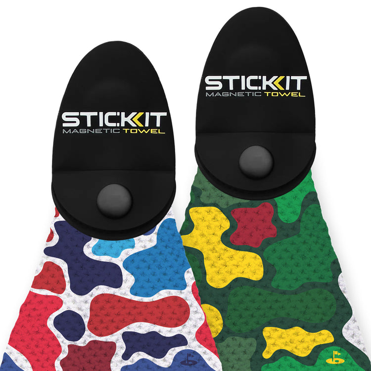 "SticKit Magnetic Towel, two styles: black with colorful camouflage patterns in red/white and green/yellow."