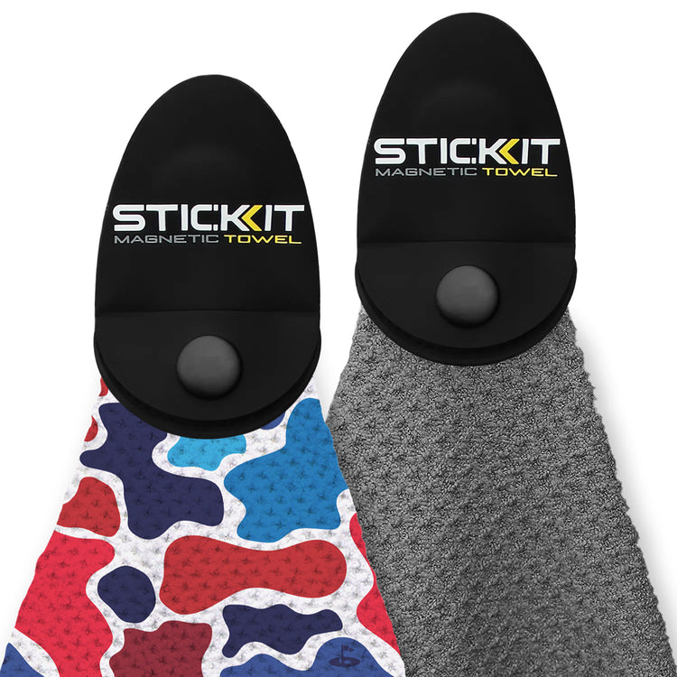 Colorful camouflage and gray magnetic towels with black silicone grips; ideal for gym and outdoor activities.