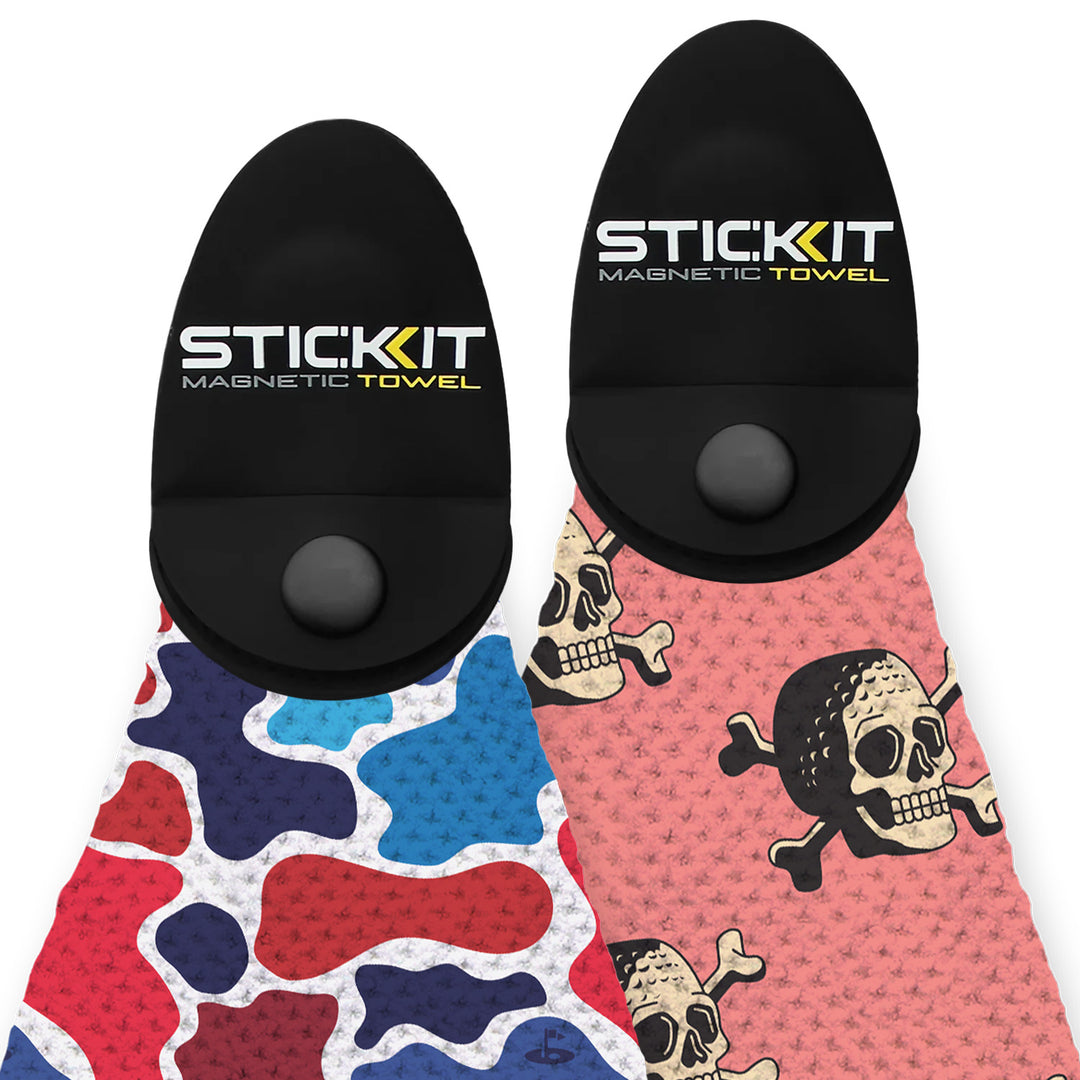 Colorful magnetic towels with skull and camouflage patterns, featuring black grips and sleek, modern design.