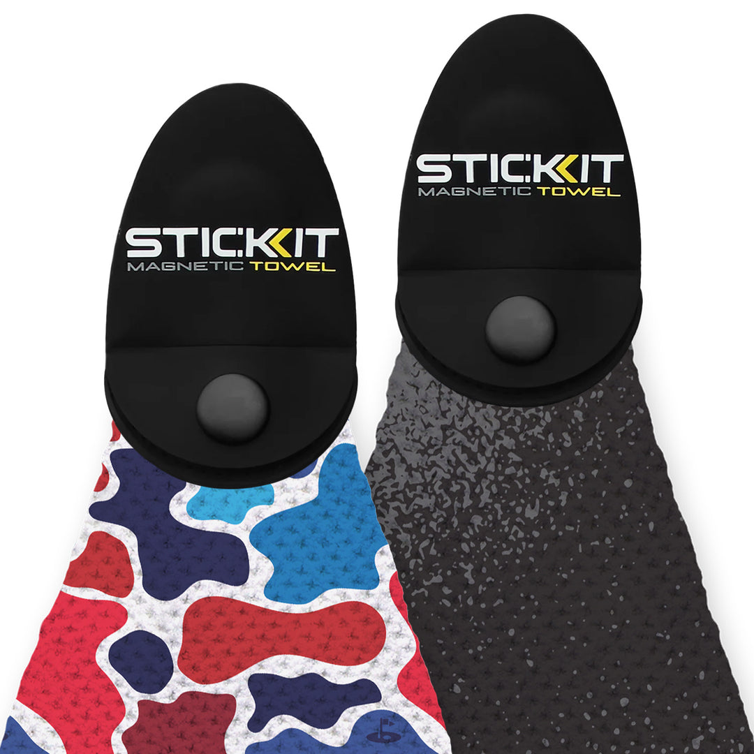 Magnetic towel set featuring a colorful abstract design and a sleek black texture, perfect for outdoor activities.