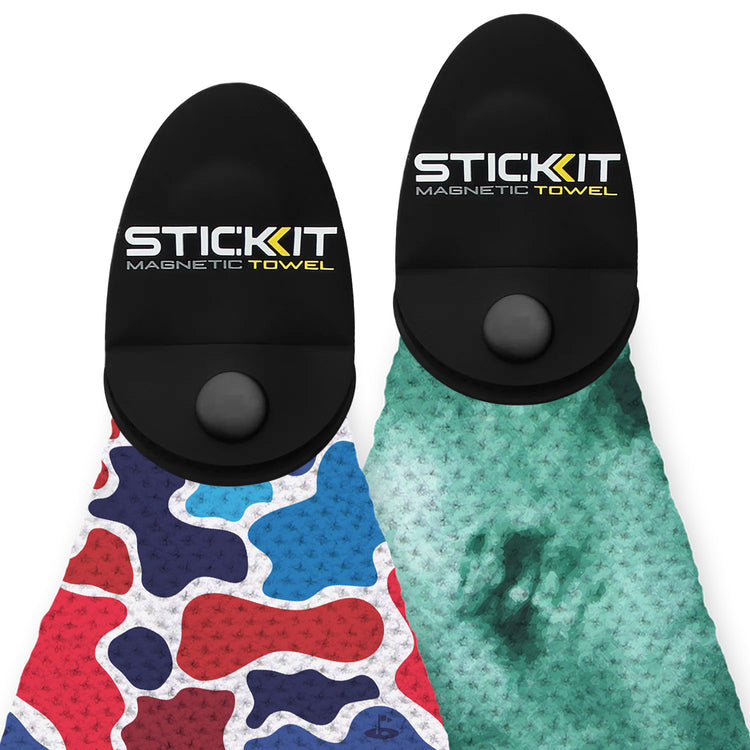 Colorful STICKIT magnetic towels in red camo and teal patterns, featuring a durable black grip for easy attachment.