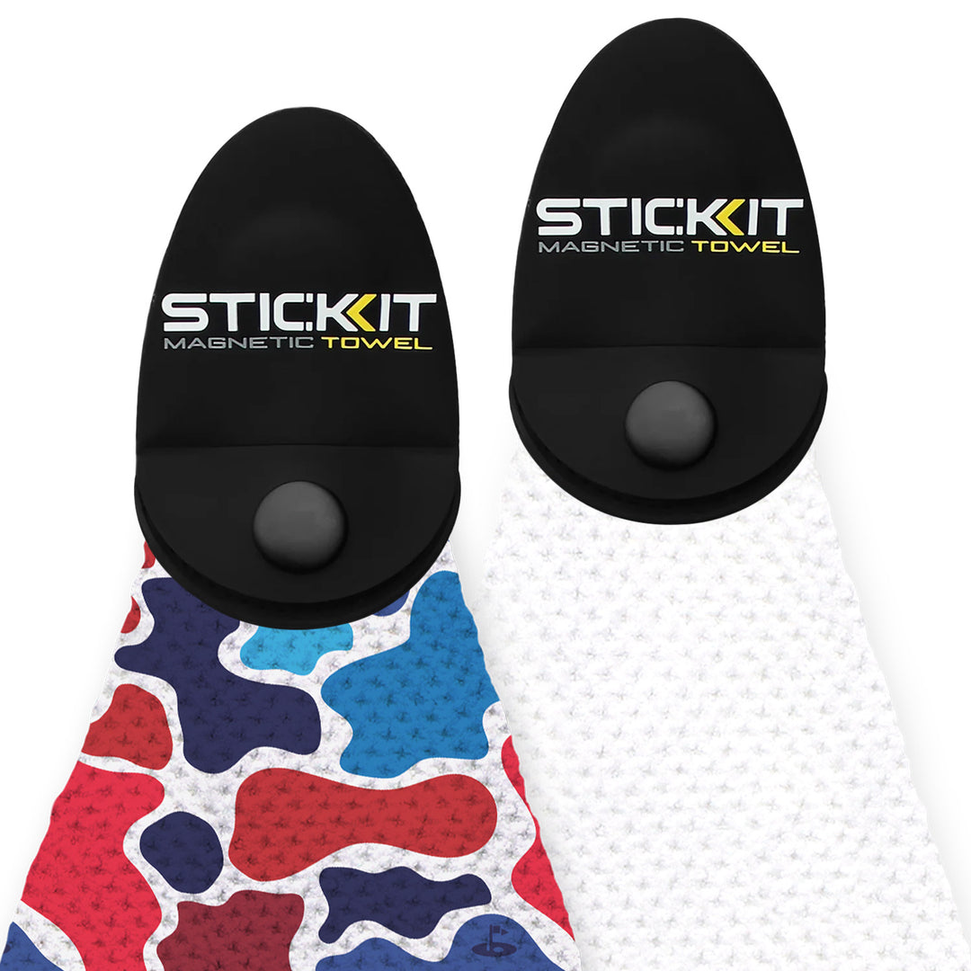 Magnetic towel set in red, blue, and white camo pattern with black clips, ideal for outdoor activities and workouts.