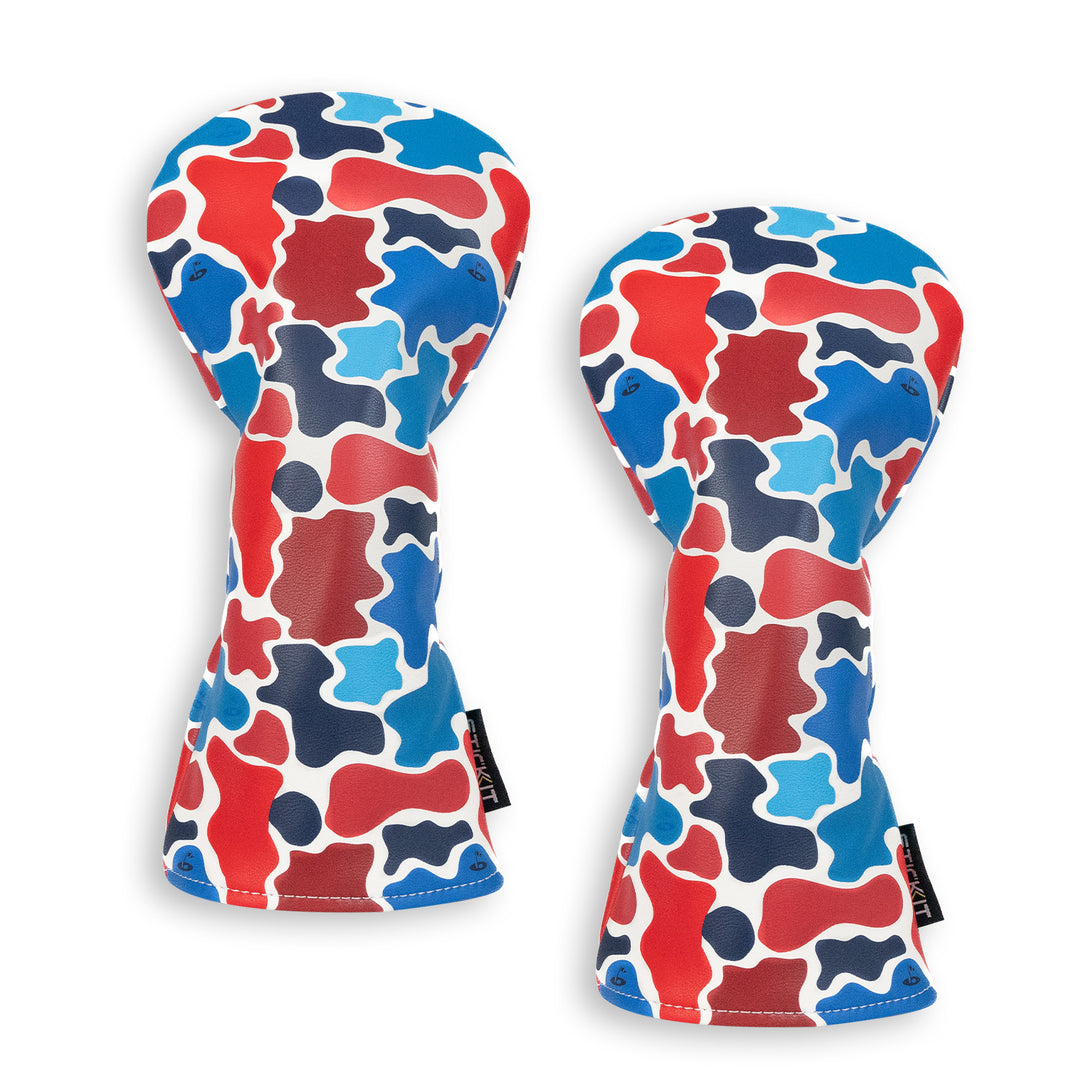 Colorful patterned oven mitts in red, blue, and white, made of durable, heat-resistant material. Perfect for stylish kitchen use.