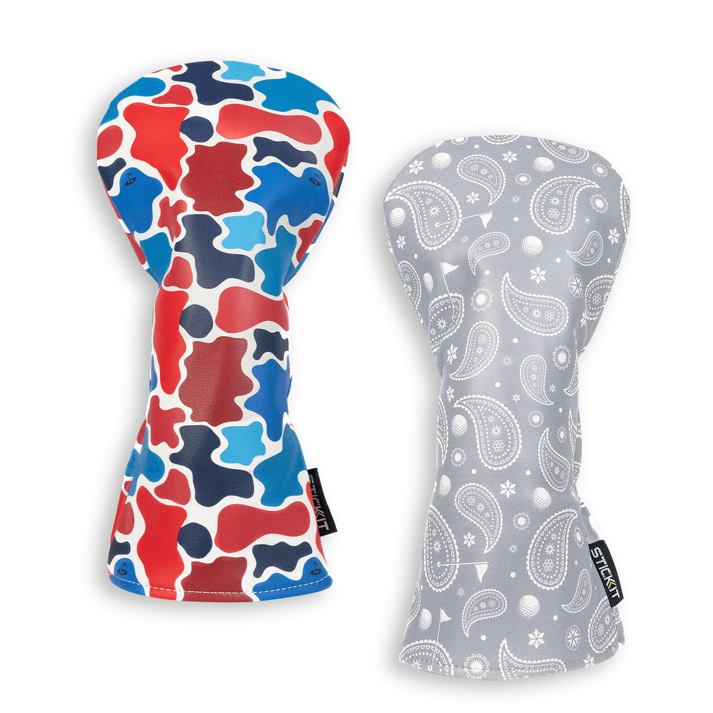 Colorful camouflage and paisley pattern bottle sleeves in blue, red, and gray, made from durable neoprene material.