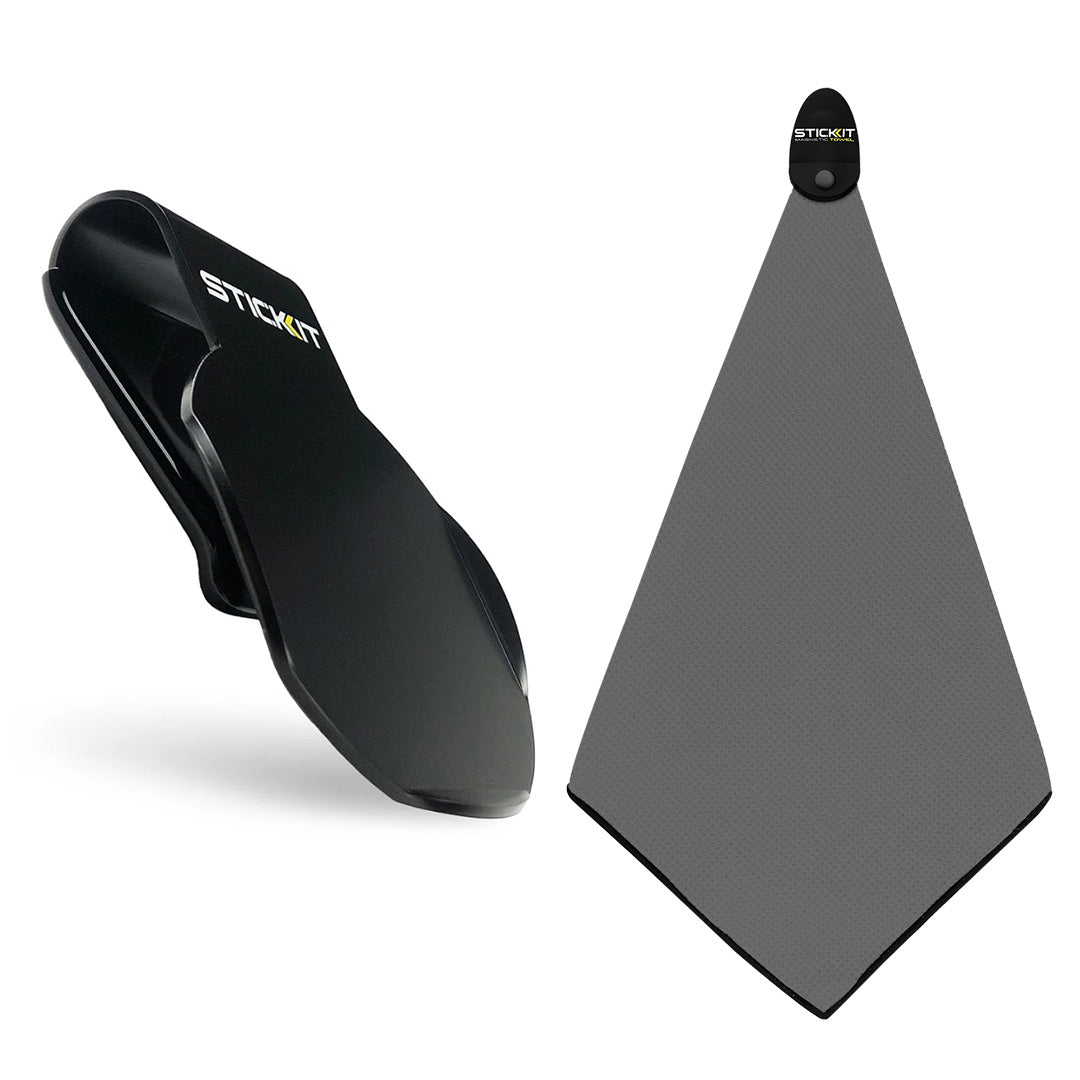 Black stick-on sunglasses holder with a gray microfiber cleaning cloth, ideal for sunglasses and eyeglasses maintenance.