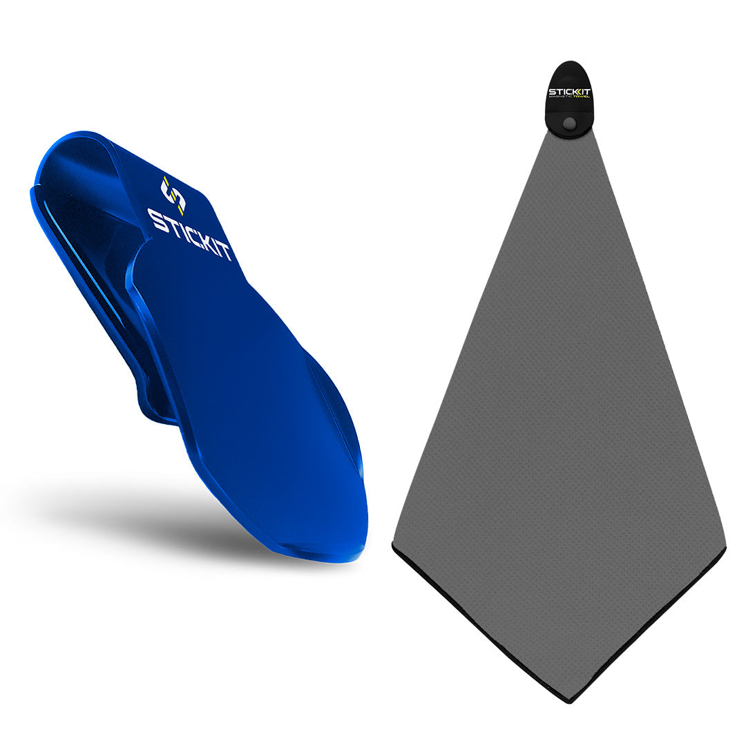 Blue silicone grip with a gray microfiber towel, ideal for sports and outdoor activities. Compact and lightweight design.