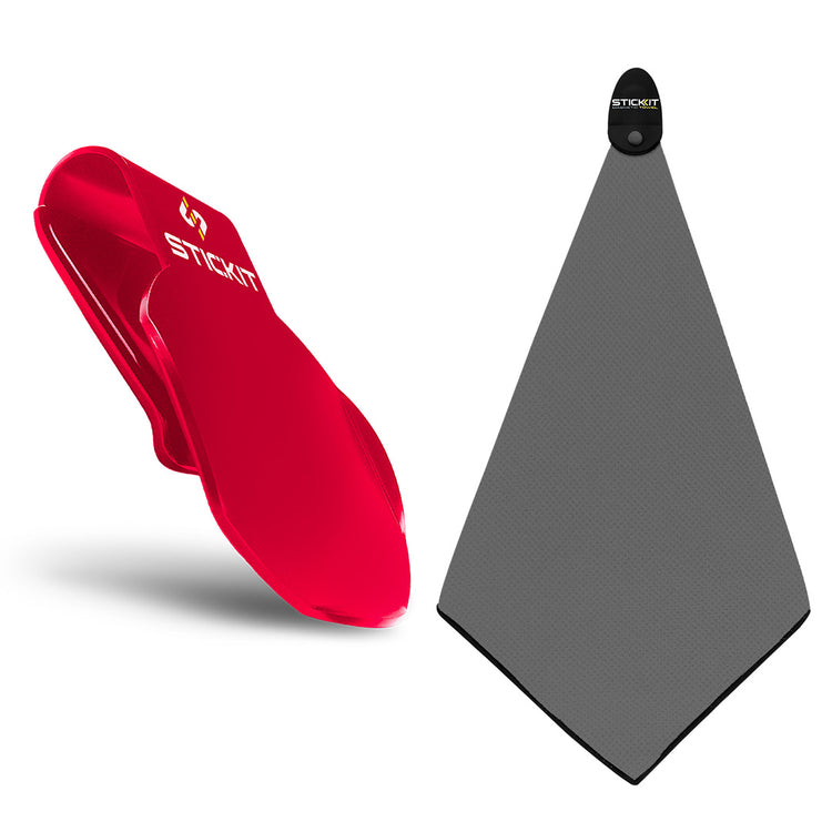 Red Stickit grip with black logo and gray microfiber towel, ideal for sports and outdoor activities.