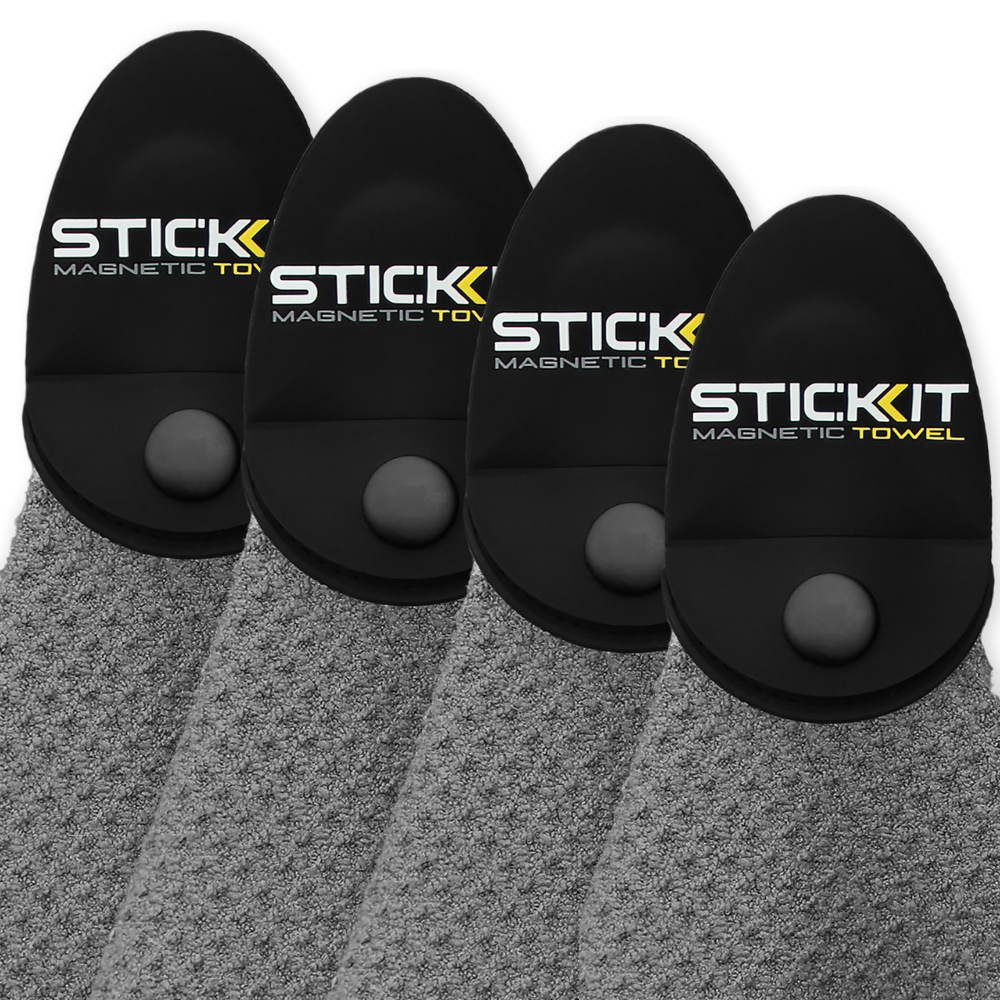 Black magnetic towels with textured gray fabric, ideal for gym use, featuring a convenient snap button for easy attachment.