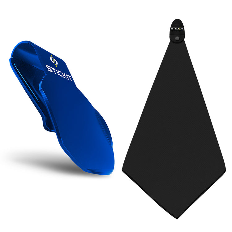 Blue silicone golf club cleaner with diamond-shaped black microfiber towel for effective cleaning and maintenance.