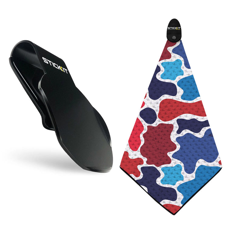 Black golf towel clip with a colorful, patterned towel in red, blue, and white, perfect for sports enthusiasts.