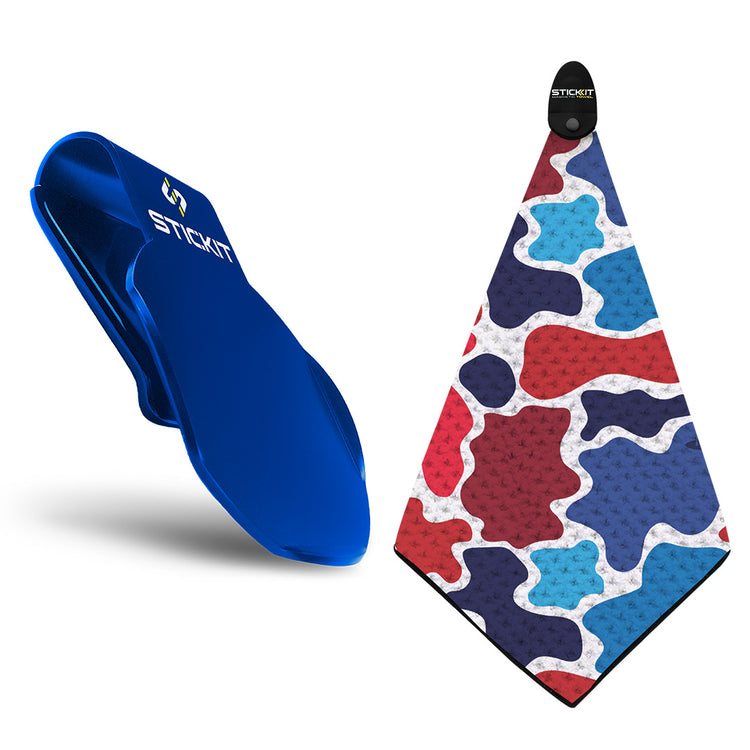 Blue silicone STICKITT clip with a red, blue, and white camo-patterned towel.