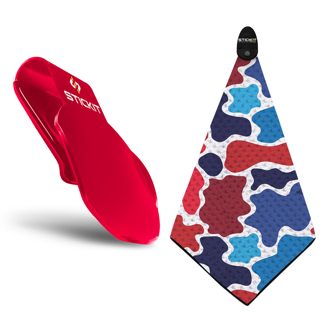 Red silicone stick-it holder with a colorful camo-patterned towel in blue, red, and white. Perfect for sports enthusiasts.