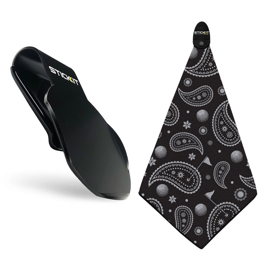 Black stick-on golf towel set featuring a paisley pattern, ideal for keeping clubs clean and stylish on the course.