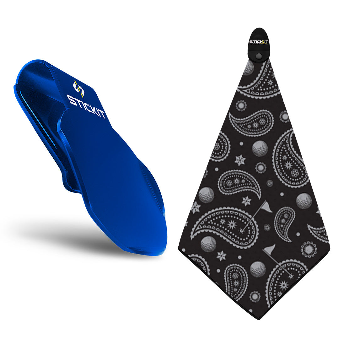 Blue silicone golf towel clip with a black paisley-patterned microfiber towel. Ideal for sports and outdoor activities.