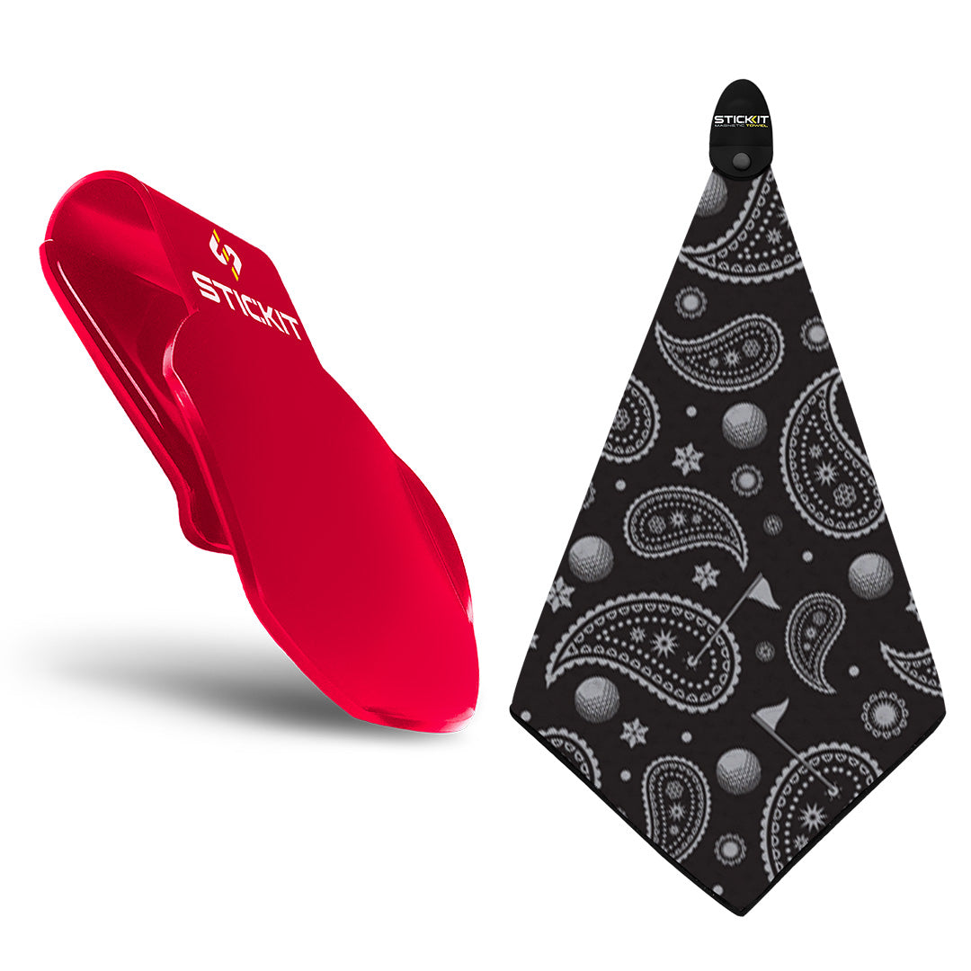 Red Stickit clip and black paisley golf towel set, perfect for stylish golfers. Durable and functional accessories.