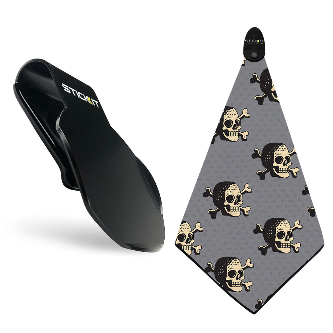 Black stick-on clip with gray bandana featuring pirate skull and crossbones print.
