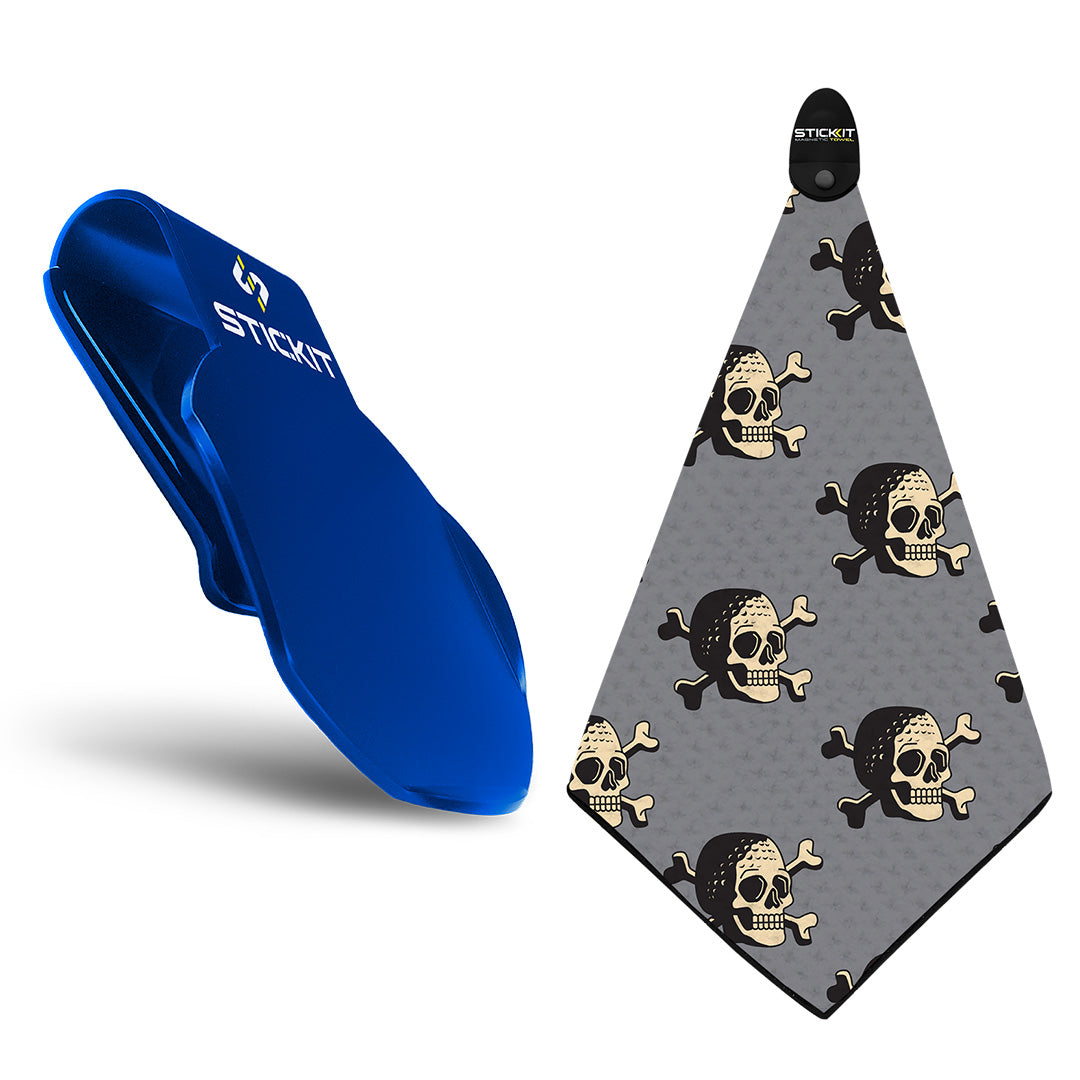 Blue Stickit with a gray skull and crossbones towel, perfect for outdoor activities and stylish sports fans.