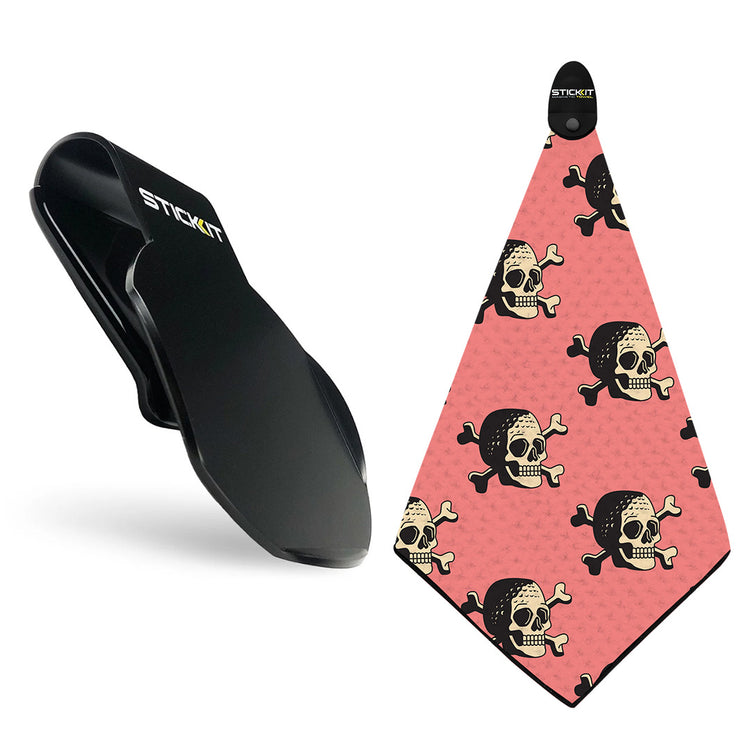 Black Stick-It clip with pink bandana featuring black skull and crossbones pattern.