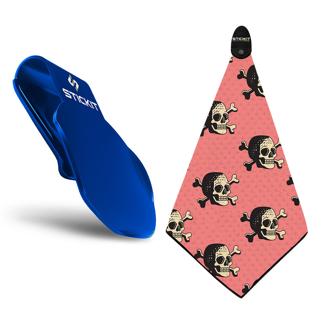 Blue Stickitt holder with pink skull and crossbones towel, perfect for beach or gym use. Stylish and functional accessory.