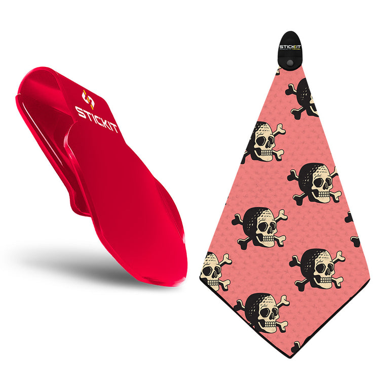 Red silicone Stickitt with pink skull and crossbones patterned towel, perfect for beach or pool use.