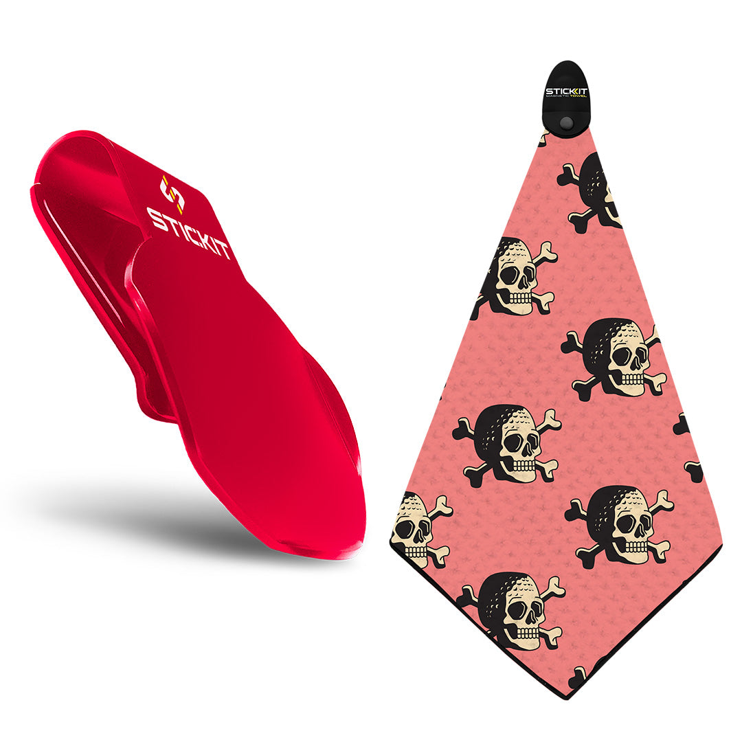Red silicone Stickitt with pink skull and crossbones patterned towel, perfect for beach or pool use.