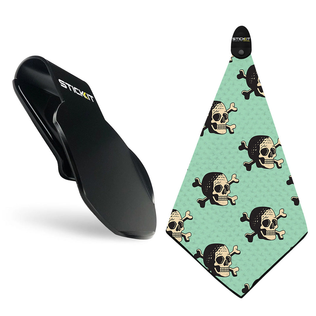 Black clip with mint green bandana featuring skull and crossbones design. Ideal for stylish outdoor adventures.