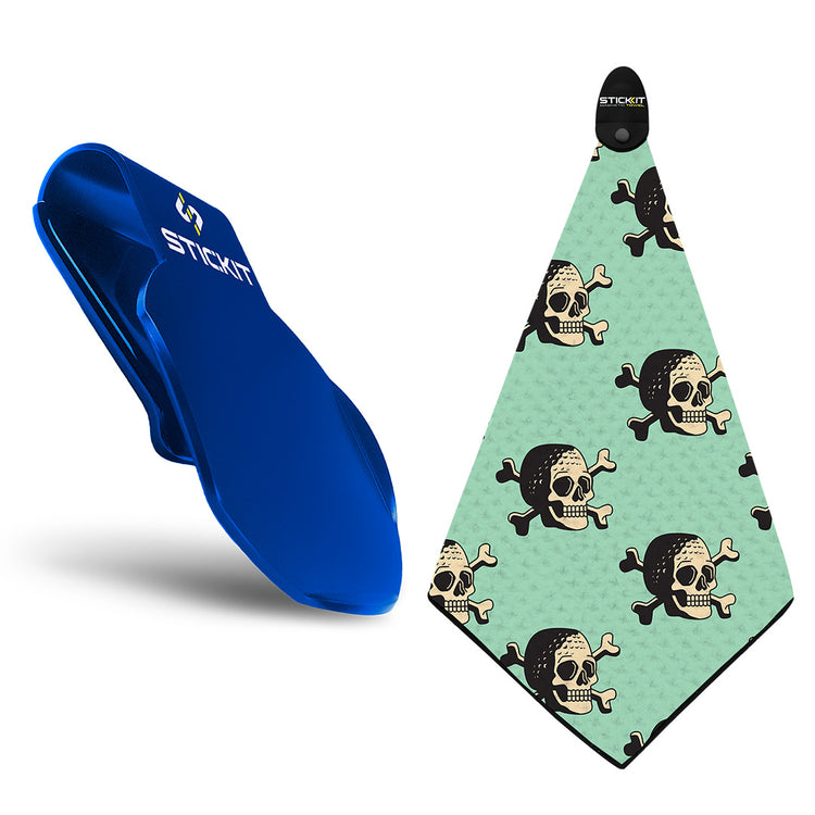 Blue silicone Stickitt hat clip with a mint green pirate-themed towel featuring skull and crossbones design.