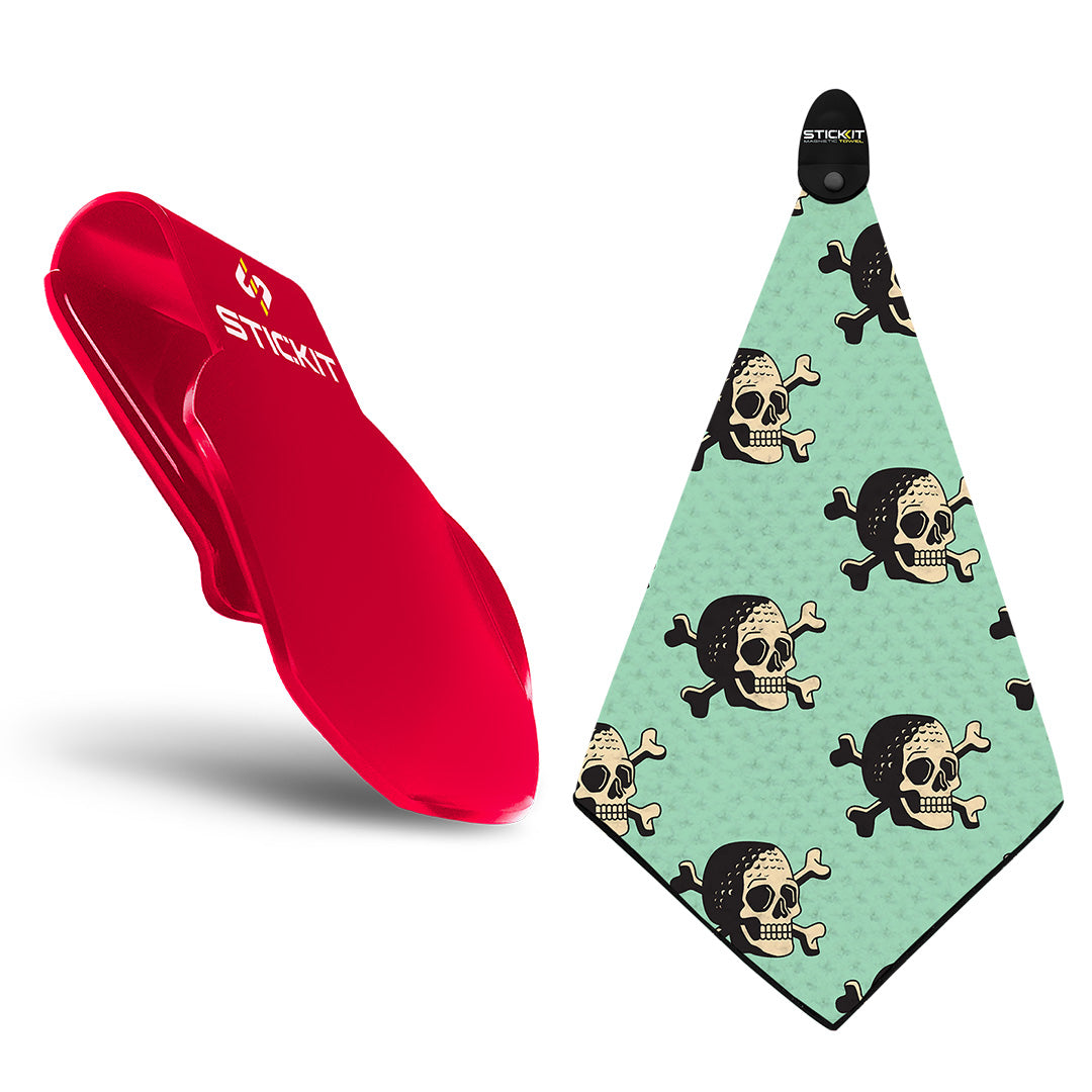 Red StickIt towel holder with a mint green skull and crossbones patterned towel. Perfect for beach or pool use.