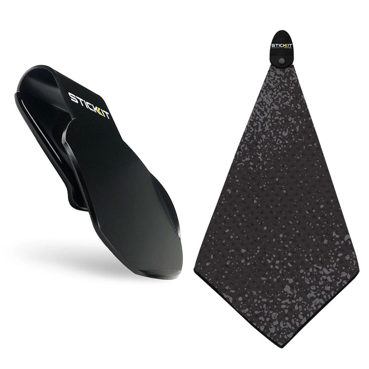 Black silicone stick-it clip and diamond-patterned black microfiber towel for sports and outdoor activities.