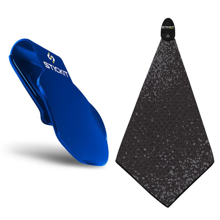 Blue silicone phone holder with a textured black microfiber cloth for cleaning screens.