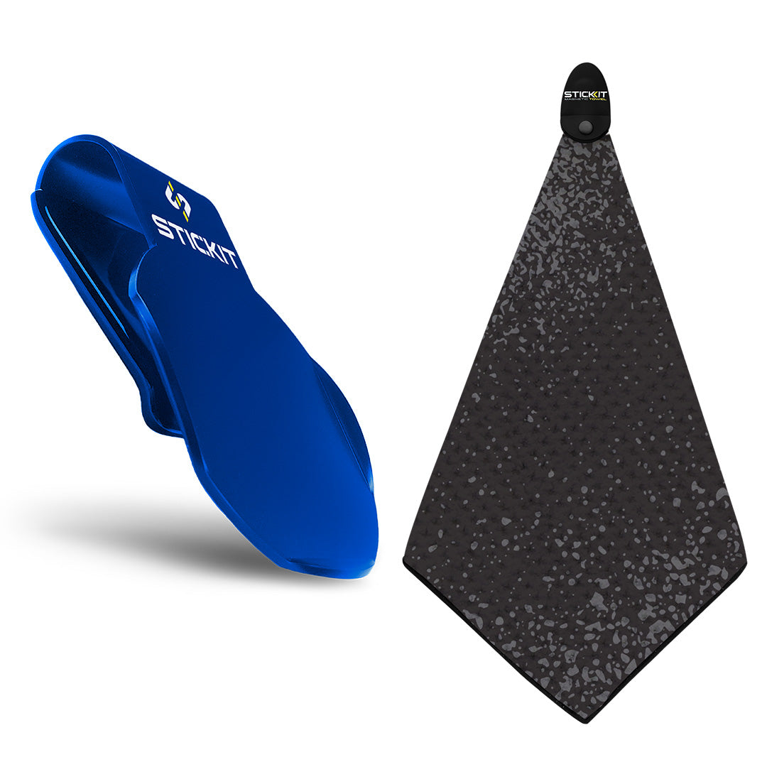 Blue silicone phone holder with a textured black microfiber cloth for cleaning screens.