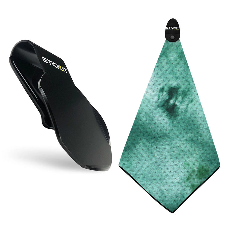Black golf towel clip with mint green microfiber towel featuring a textured design, perfect for sports and outdoor activities.