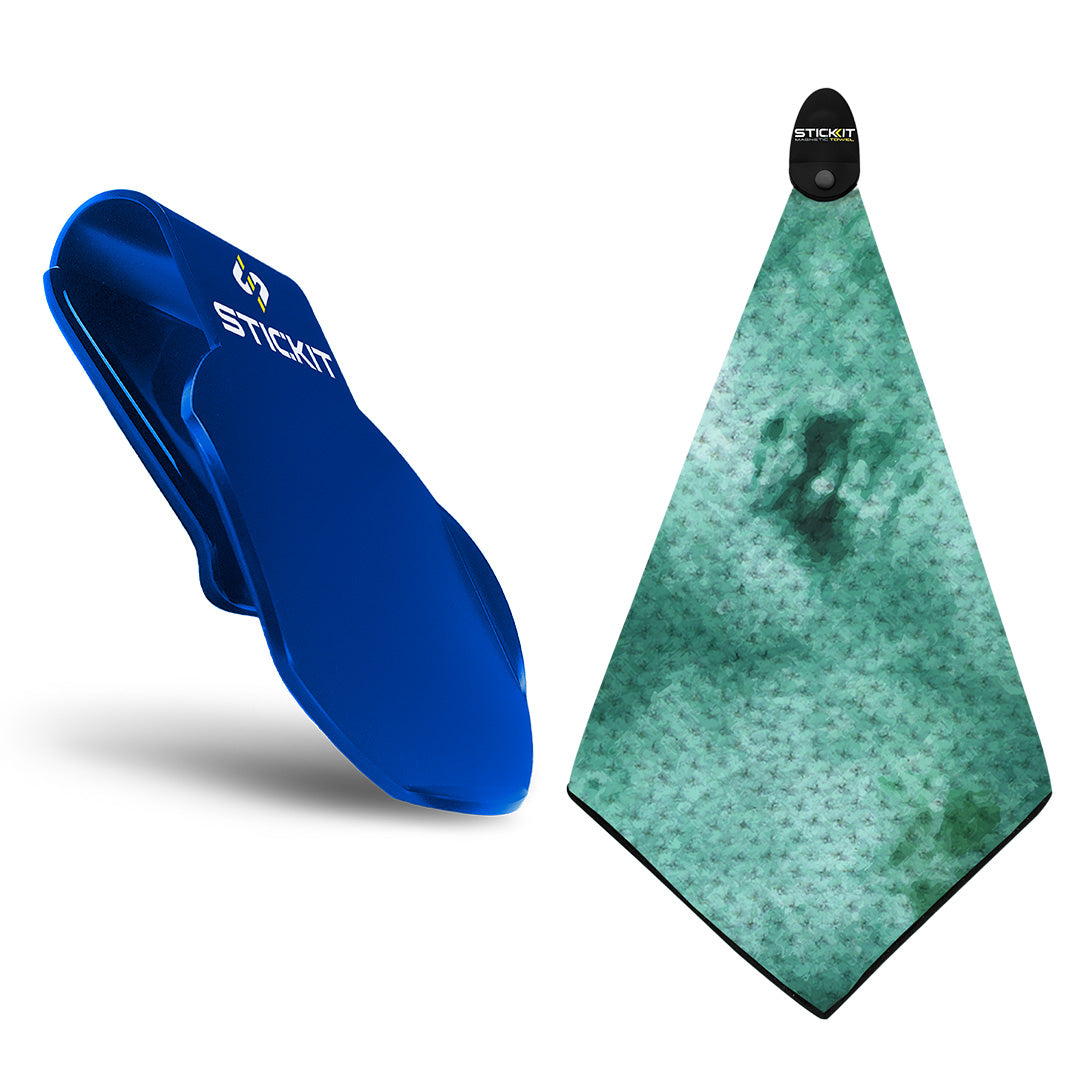 Blue STICKIT clip with a green patterned microfiber towel, perfect for golf and outdoor activities.