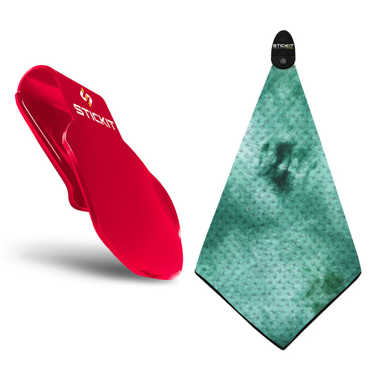 Red silicone phone pouch with a mint green microfiber cleaning cloth featuring a textured design.