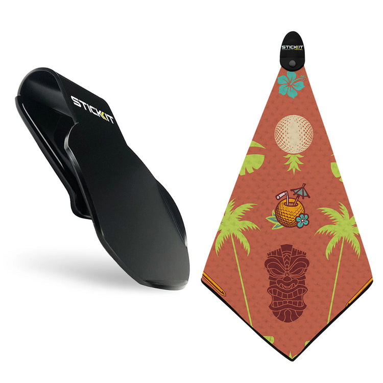 Black golf towel clip with tropical-themed towel featuring orange, green, and brown patterns.
