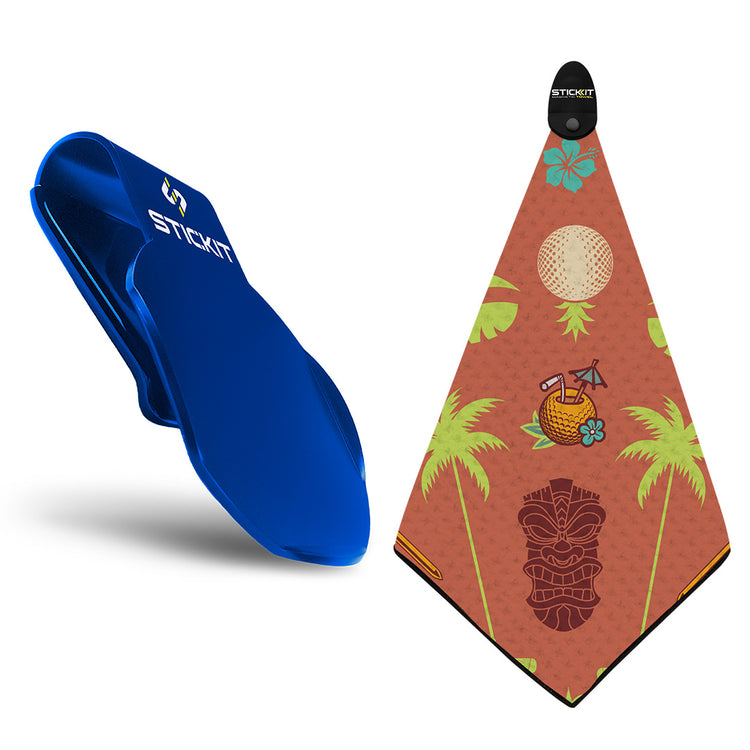 Blue silicone golf towel holder with a tropical-themed, orange golf towel featuring palm trees and tiki designs.