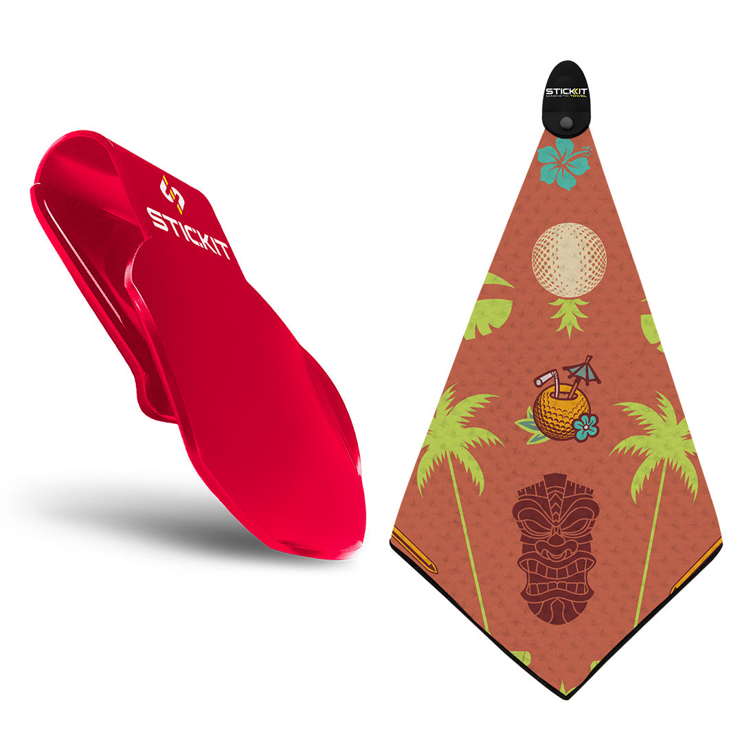 Red golf towel clip with tropical print featuring palm trees and tiki design, ideal for outdoor sports.