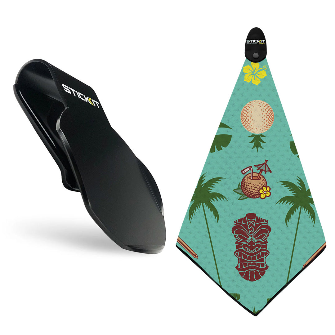 Black golf towel clip with a tropical-patterned teal towel featuring baseball, palm trees, and a tiki design.