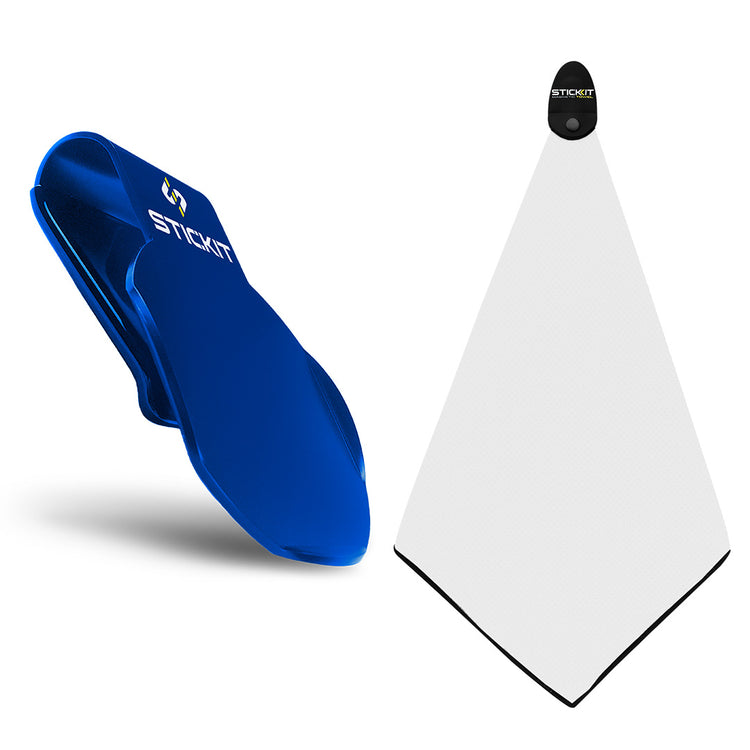 Blue silicone athletic grip with white microfiber towel, perfect for sports and outdoor activities.