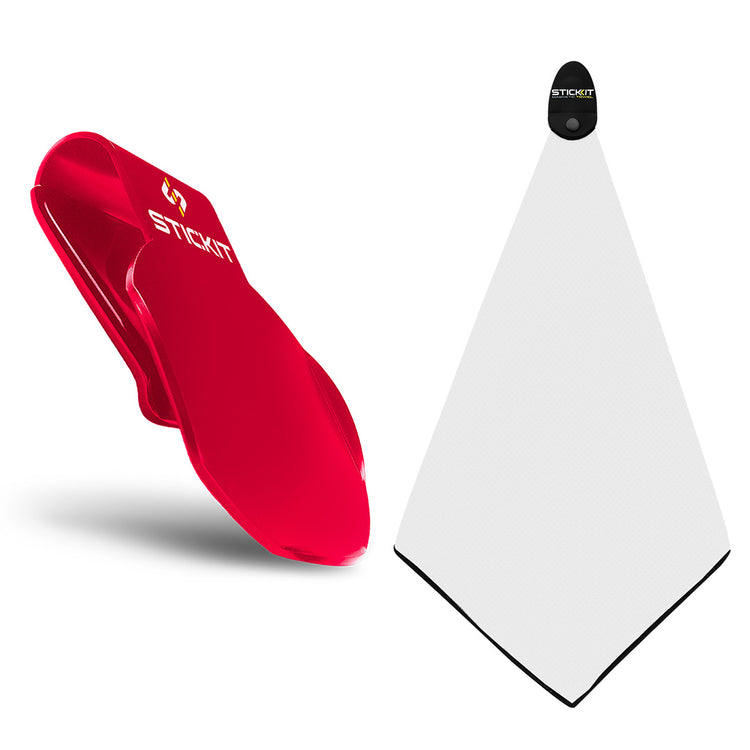Red Stickit towel clip with white microfiber towel, perfect for sports and outdoor activities, lightweight and durable.