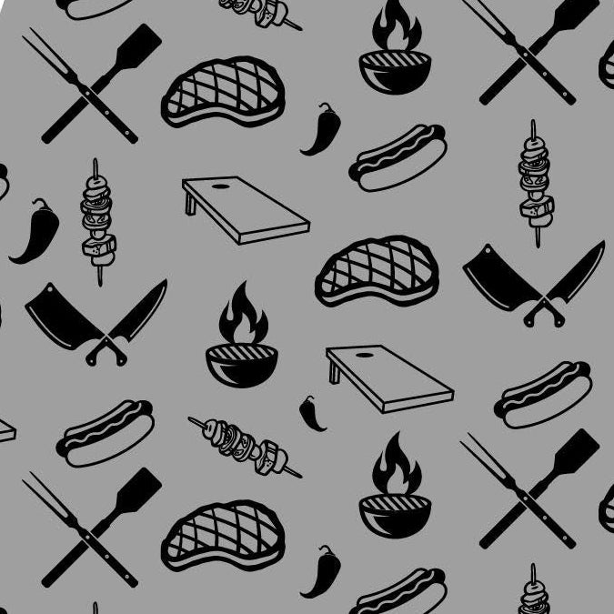 Black BBQ pattern on gray background featuring knives, meats, skewers, and fire elements. Ideal for cooking enthusiasts.