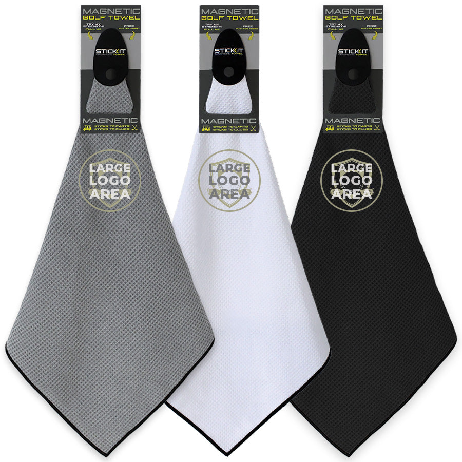 Set of three magnetic golf towels in gray, white, and black, featuring a textured design and large logo area.
