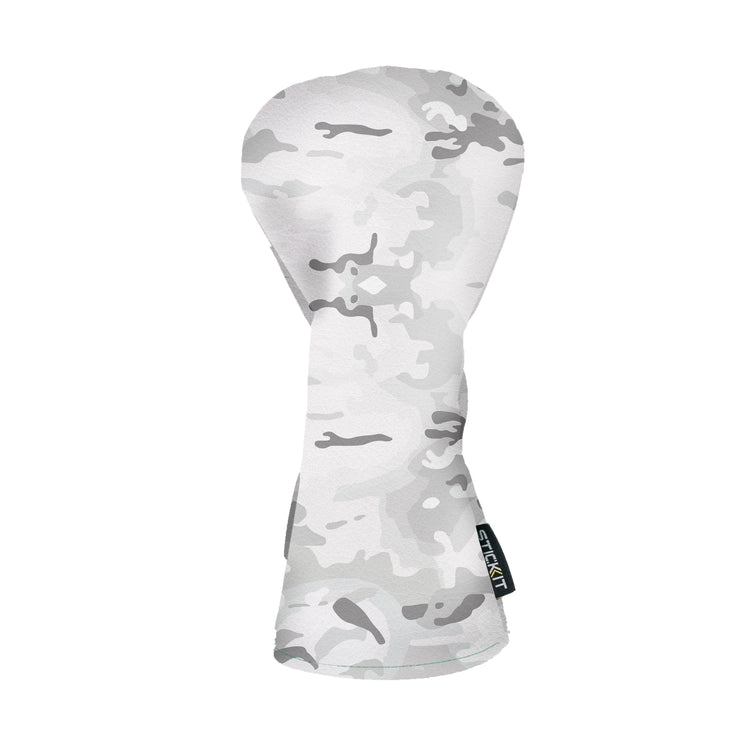 Gray camo-patterned golf headcover, made of durable fabric, designed to fit standard drivers.