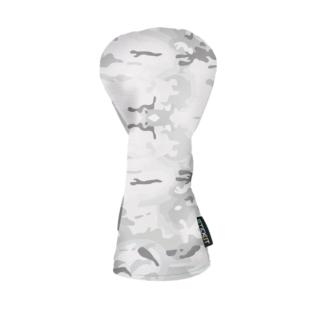 Gray camo-patterned golf headcover, made of durable fabric, designed to fit standard drivers.