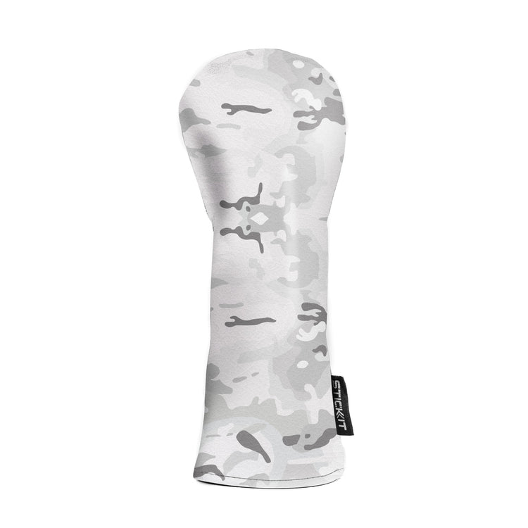 Gray camo golf club headcover made of durable neoprene, stylish design for protection and easy handling.