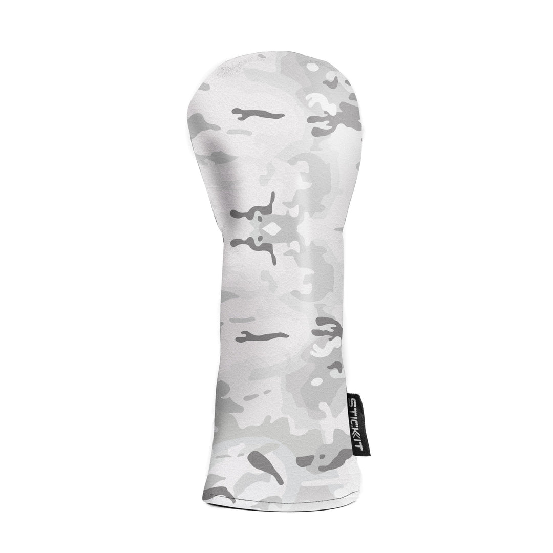 Gray camo golf club headcover made of durable neoprene, stylish design for protection and easy handling.