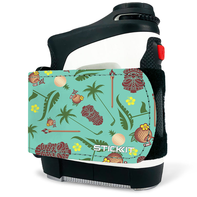 Tropical-patterned StickIt holder in teal, featuring palm trees and tiki motifs on a sleek white and black design.