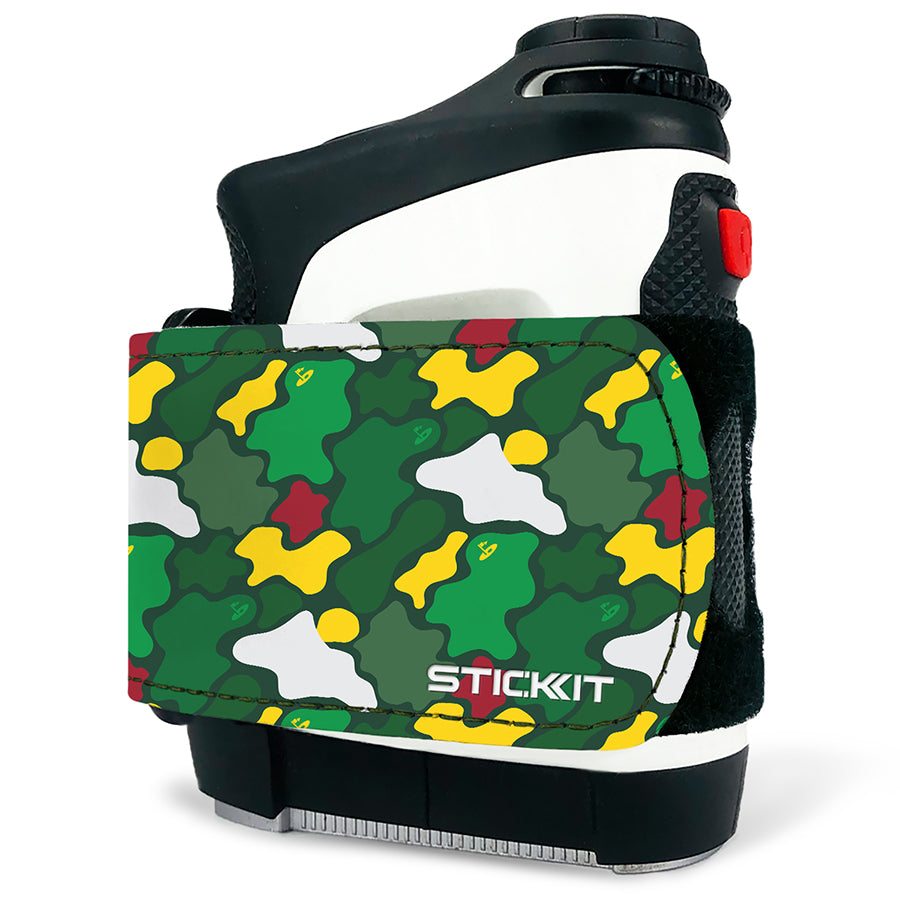 Colorful camouflage drink carrier with green, yellow, red, and white patterns, designed for convenience and style.